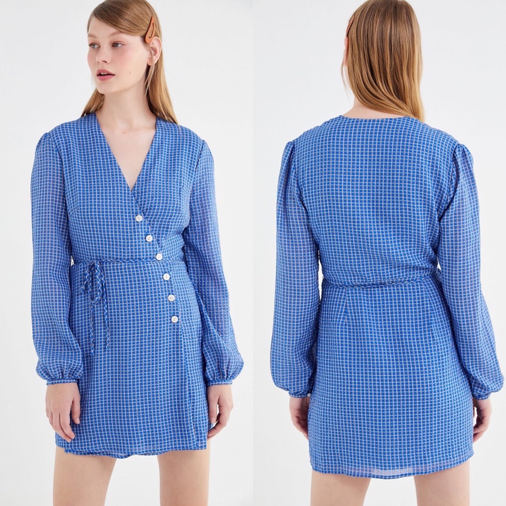 EAST ORDER Mahlia Plaid Wrap Button Front Mini Dress Blue NEW